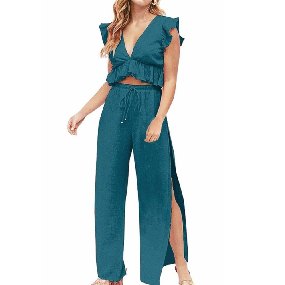 Womens 2 Pieces Outfit Deep V Neck Crop Top Side Slit Drawstring Wide Leg Pants